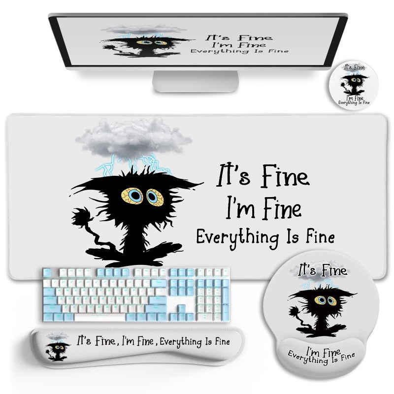 LIMKRIAN Desk Mat Set, Large Gaming Mouse Pad with Wrist Rest, Ergonomic Mouse Pad Keyboard Mat Wrist Support, Cup Coaster, Home Office Desk Accessories Decor Supplies, Funny Black Cat - Image 1