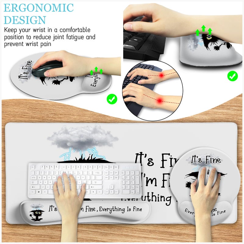 LIMKRIAN Desk Mat Set, Large Gaming Mouse Pad with Wrist Rest, Ergonomic Mouse Pad Keyboard Mat Wrist Support, Cup Coaster, Home Office Desk Accessories Decor Supplies, Funny Black Cat - Image 4