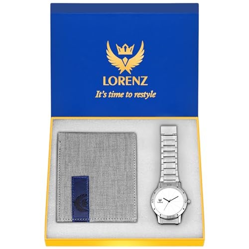 LORENZ White Dial Watch & Grey Wallet Gift Box Combo for Men and Boys | CM-3052WL-17 - Image 1