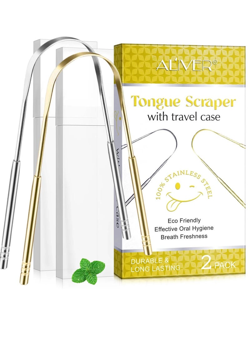 ALIVER - 2pack Tongue Scraper Stainless Steel Tongue Cleaners with Travel Box Tongue Cleaner Tool for Oral Hygiene Fresh Breath Reduce Bad Breath Reusable Tongue Scrapers for Adults Silver and Gold - Image 1