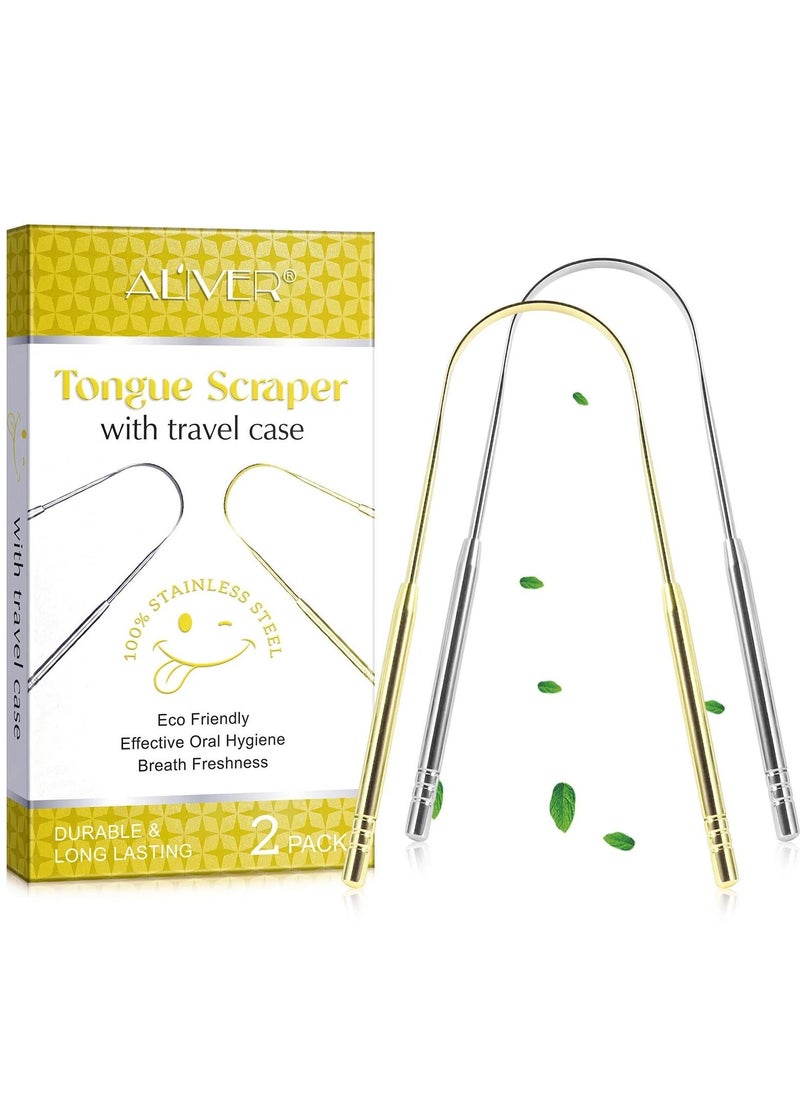 ALIVER - 2pack Tongue Scraper Stainless Steel Tongue Cleaners with Travel Box Tongue Cleaner Tool for Oral Hygiene Fresh Breath Reduce Bad Breath Reusable Tongue Scrapers for Adults Silver and Gold - Image 1