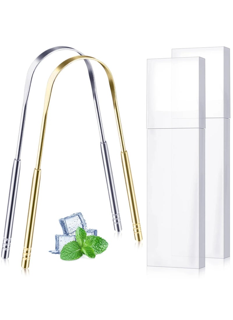 ALIVER - 2pack Tongue Scraper Stainless Steel Tongue Cleaners with Travel Box Tongue Cleaner Tool for Oral Hygiene Fresh Breath Reduce Bad Breath Reusable Tongue Scrapers for Adults Silver and Gold - Image 1