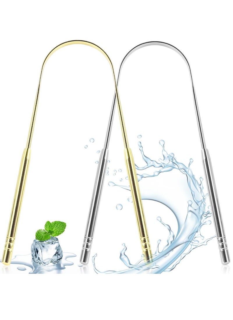 ALIVER - 2pack Tongue Scraper Stainless Steel Tongue Cleaners with Travel Box Tongue Cleaner Tool for Oral Hygiene Fresh Breath Reduce Bad Breath Reusable Tongue Scrapers for Adults Silver and Gold - Image 1