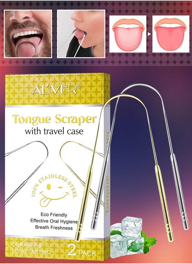 ALIVER - 2pack Tongue Scraper Stainless Steel Tongue Cleaners with Travel Box Tongue Cleaner Tool for Oral Hygiene Fresh Breath Reduce Bad Breath Reusable Tongue Scrapers for Adults Silver and Gold - Image 1