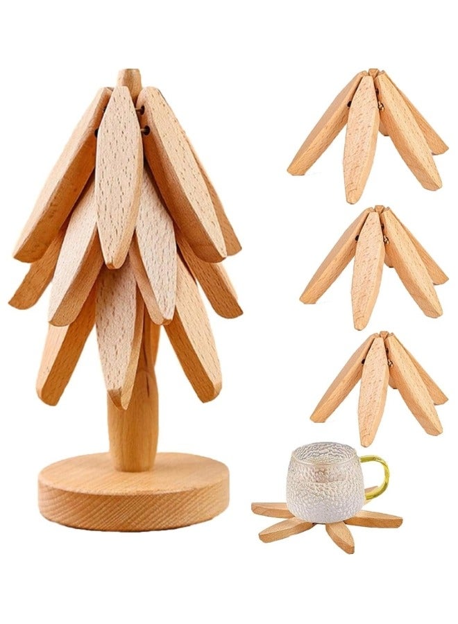 Wooden Trivets for Hot Dishes Tree Shape Trivet Set Foldable Kitchen Wooden Trivets 3 Wooden Trivet + 1 Stand Tree Coaster for Hot Dishes、Pot、Bowl、hot Pot Holders (Walnut Wood)  - Image 1