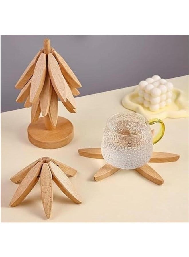 Wooden Trivets for Hot Dishes Tree Shape Trivet Set Foldable Kitchen Wooden Trivets 3 Wooden Trivet + 1 Stand Tree Coaster for Hot Dishes、Pot、Bowl、hot Pot Holders (Walnut Wood)  - Image 2