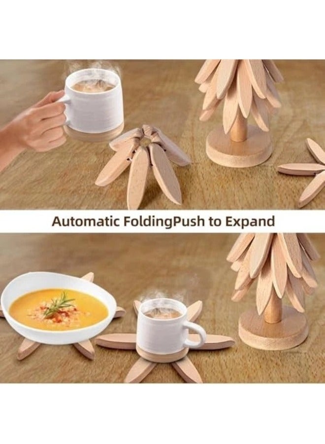 Wooden Trivets for Hot Dishes Tree Shape Trivet Set Foldable Kitchen Wooden Trivets 3 Wooden Trivet + 1 Stand Tree Coaster for Hot Dishes、Pot、Bowl、hot Pot Holders (Walnut Wood)  - Image 3