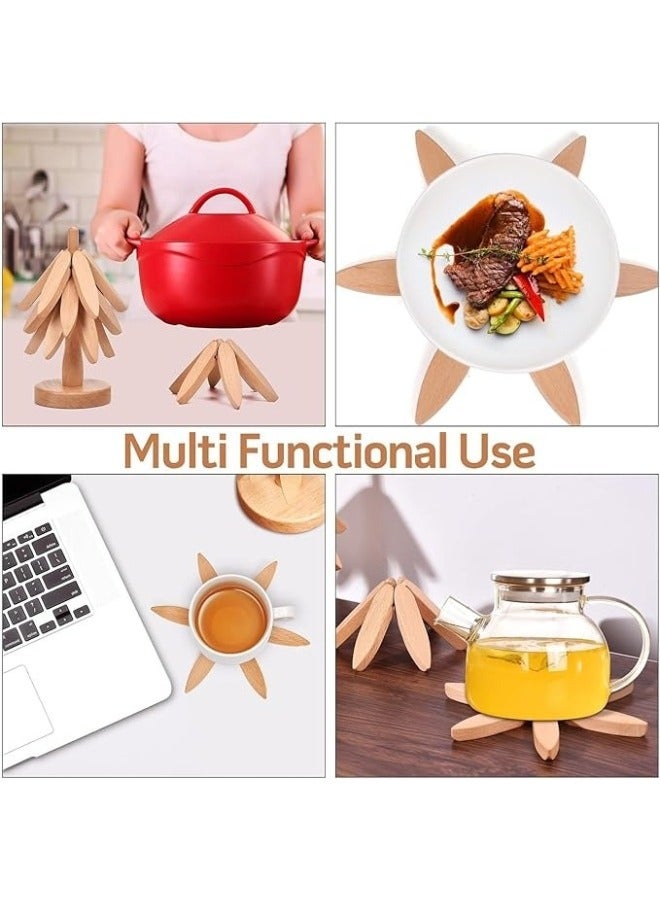 Wooden Trivets for Hot Dishes Tree Shape Trivet Set Foldable Kitchen Wooden Trivets 3 Wooden Trivet + 1 Stand Tree Coaster for Hot Dishes、Pot、Bowl、hot Pot Holders (Walnut Wood)  - Image 5