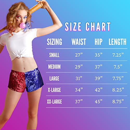 HDE Women's Red and Blue Metallic Sequin Booty Shorts for Harley Misfit Halloween Costume (Red and Blue, X-Large) - Image 3