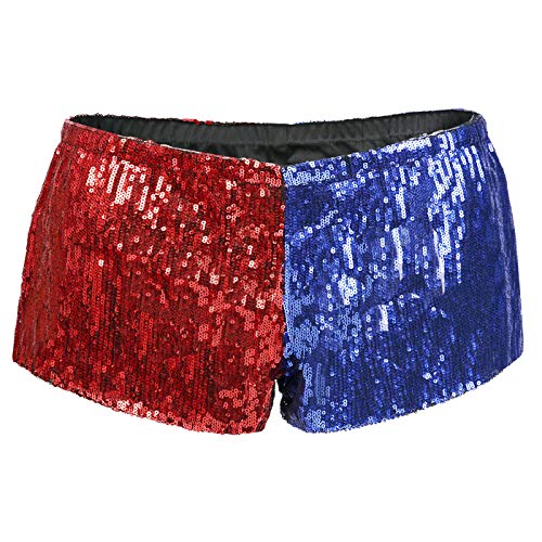 HDE Women's Red and Blue Metallic Sequin Booty Shorts for Harley Misfit Halloween Costume (Red and Blue, X-Large) - Image 4