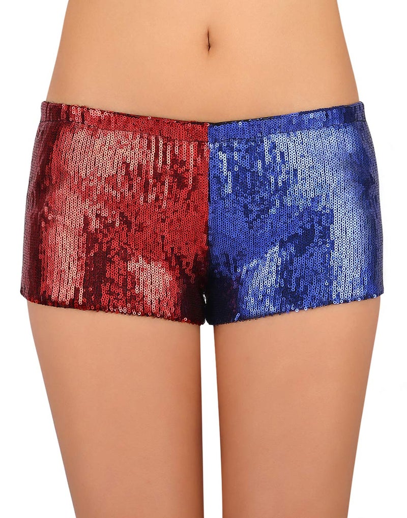 HDE Women's Red and Blue Metallic Sequin Booty Shorts for Harley Misfit Halloween Costume (Red and Blue, X-Large) - Image 1