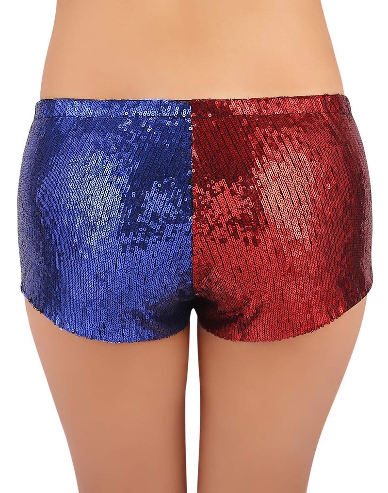 HDE Women's Red and Blue Metallic Sequin Booty Shorts for Harley Misfit Halloween Costume (Red and Blue, X-Large) - Image 2