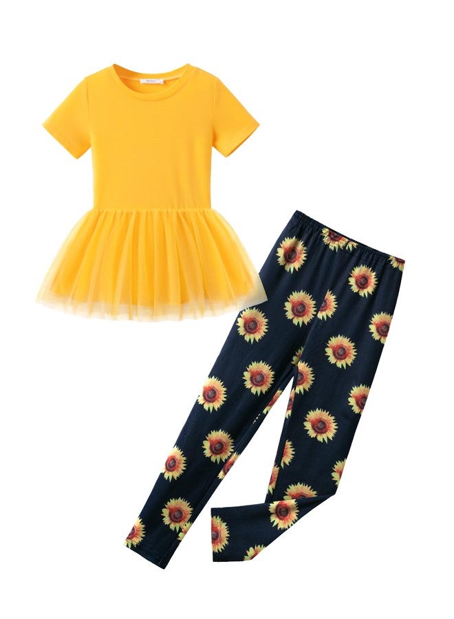 Arshiner Toddler Pant Sets Yellow Round Neck Mesh Hem Short Sleeve Tops and Sunflower Pants Casual Clothing Outfits 4-5T - Image 1