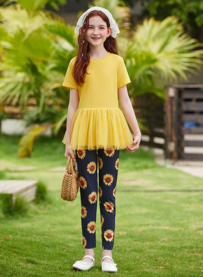 Arshiner Toddler Pant Sets Yellow Round Neck Mesh Hem Short Sleeve Tops and Sunflower Pants Casual Clothing Outfits 4-5T - Image 2