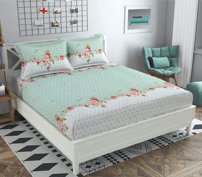 Magnetic Shadow Glace Cotton King Size Elastic Fitted Bedsheets with 2 Pillow Covers (Green Leaves) - Image 4