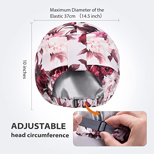 INNELO Luxury Shower Cap for Women Reusable Waterproof, Double Layered Shower Hair Cap with Adjustable Elastic Strap, Large Satin Lined Shower Bath Cap for Long Curly Straight Hair, Pink-Flower - Image 3