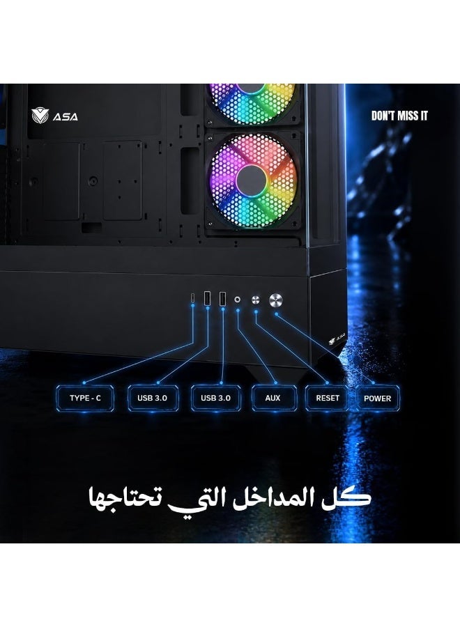 ASA (Z200) Computer Case - RTX Graphics Card Support, 320mm Water Cooling, Premium Airflow Design, USB Type-C (Black) - Image 2