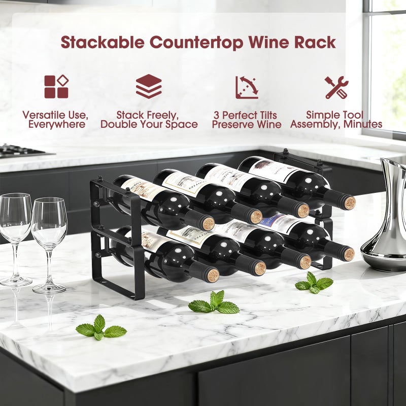ICOHOT Stackable Wine Rack Countertop, 8 Bottles Wine Bottle Holder for Inside Cabinet, Small Tabletop Wine Holder Stand for Pantry Bar, 2-Tier Angle Adjustable Wine Bottle Rack for Tight Spaces - Image 2