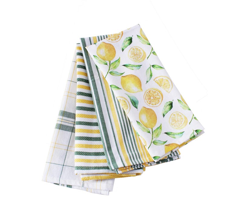 ACCENTHOME Cotton Kitchen Towels Set of 4 - Absorbent Dish Towels Set | Tea Towels | Bar Towels | Lemon Yellow Printed Kitchen Dish Towels - Multi Purpose Kitchen Linen  Drying Dish Hand Towels 20x28