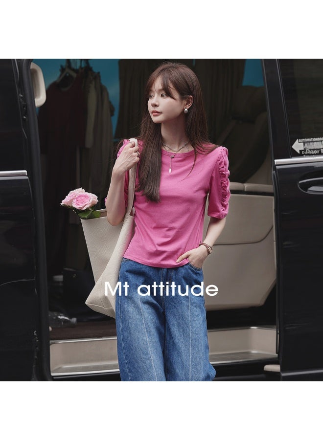Mt [Korean Sweet] Summer Cotton Bubble Sleeve Small Lotus Leaf Hem Stylish Sleeve Round Neck T-Shirt - Image 1