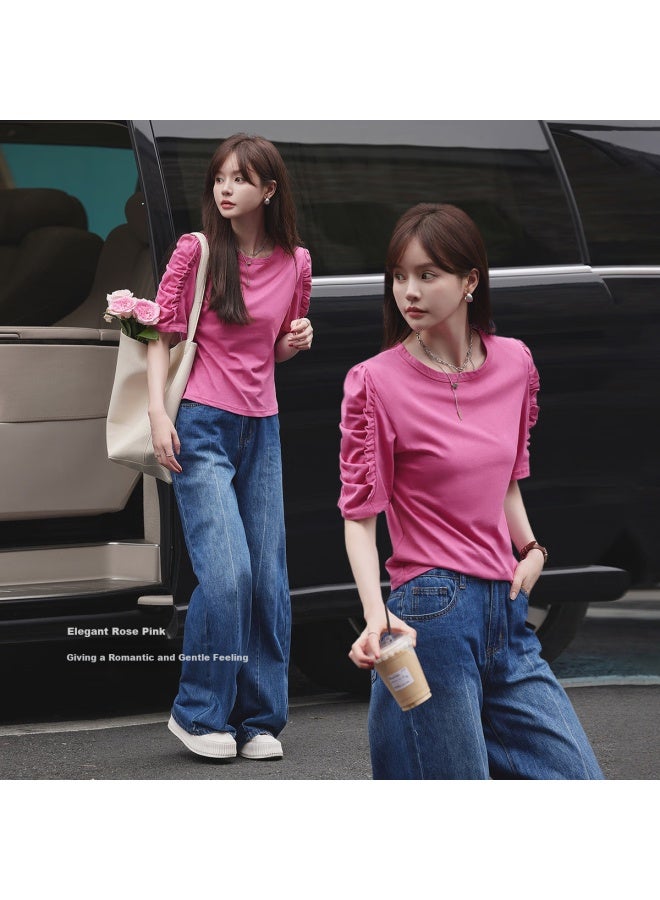 Mt [Korean Sweet] Summer Cotton Bubble Sleeve Small Lotus Leaf Hem Stylish Sleeve Round Neck T-Shirt - Image 3