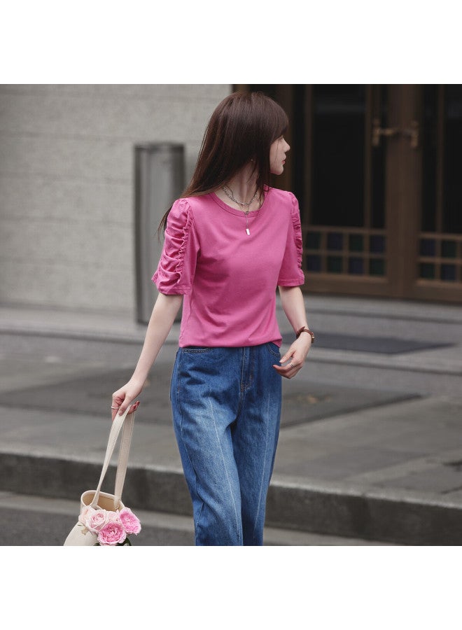 Mt [Korean Sweet] Summer Cotton Bubble Sleeve Small Lotus Leaf Hem Stylish Sleeve Round Neck T-Shirt - Image 4