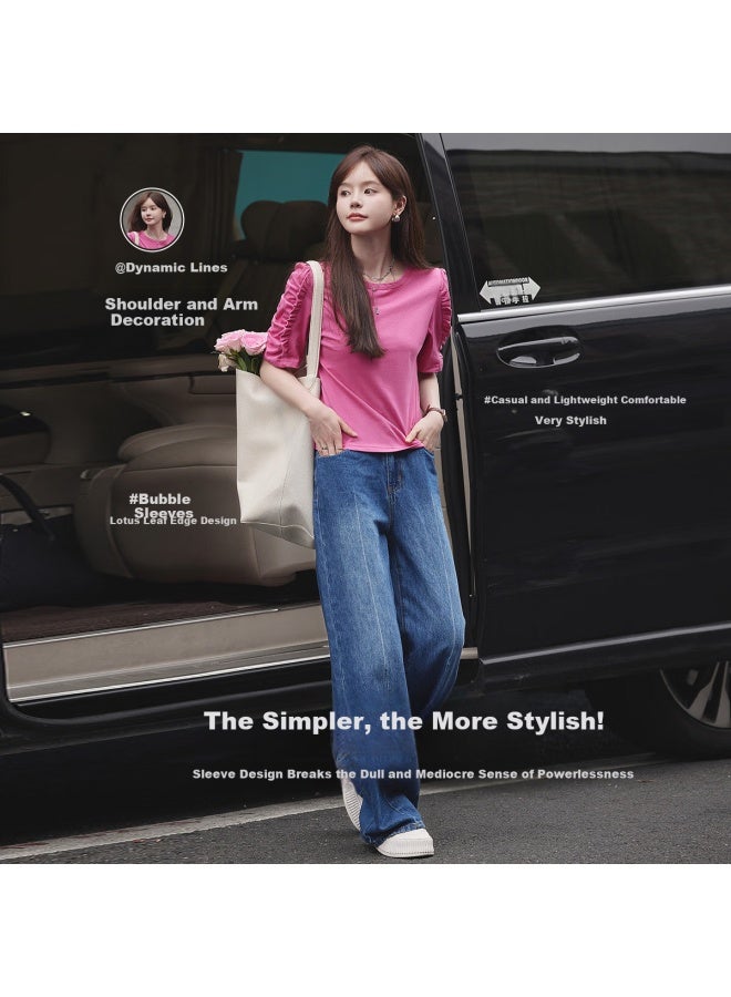 Mt [Korean Sweet] Summer Cotton Bubble Sleeve Small Lotus Leaf Hem Stylish Sleeve Round Neck T-Shirt - Image 2