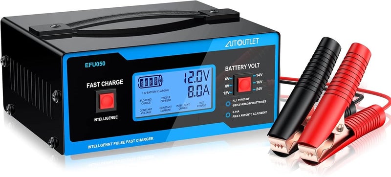 أوتو يوتيليت شاحن بطارية AUTOUTLET مطور 8 فولت لعربة الغولف، شاحن وصيانة بطارية السيارة 0-10 أمبير مع مشابك كابلات لبطاريات حمض الرصاص 6/8/12/14/16/24 فولت - Image 1