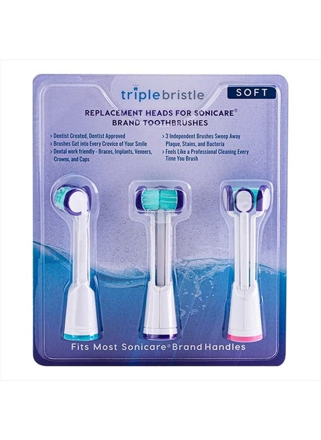 Triple Bristle - Compatible with Philips Sonicare® ONLY- Three Headed Replacement Toothbrush Heads - Fits ONLY Sonicare Models: DiamondClean, Flexcare+, HealthyWhite+, 2 Series Plaque Control (Soft Bristles - 3 Pack) - Image 1