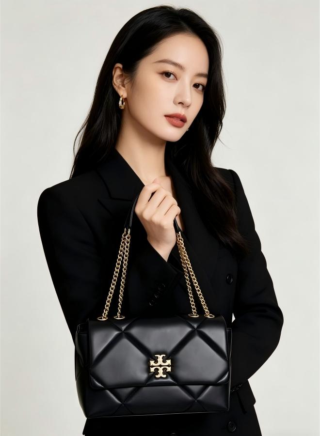 Tory Black diamond-patterned shoulder bag with gold chain strap and classic logo - Image 4