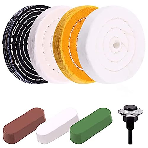 YWHWLX 8Pcs 4'' Buffing Polishing Wheels Kit with 3 Pcs Polishing Compounds/White Cotton (50-ply) /Yellow Cotton (36-ply)/Flannel (30-ply)/Denim and 1/4" Shank for Bench Grinders/Bench Buffer Rotary Tools - Image 1