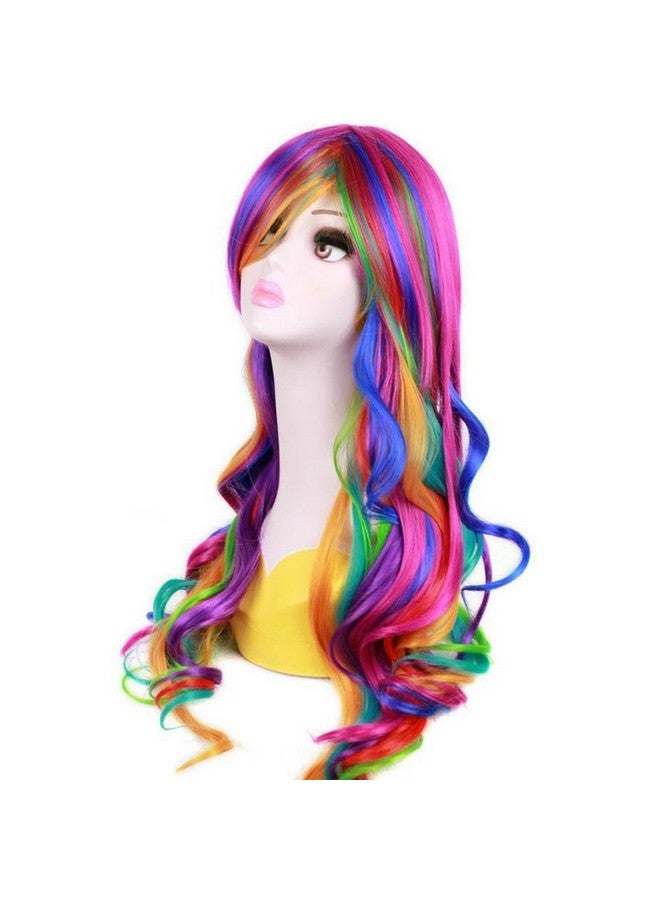 RightOn BERON Rainbow Wig Long Curly Wig with Bangs for Women Colorful Wigs Long Wavy Rainbow Multi Colorful Wig with Wig Cap - Image 2