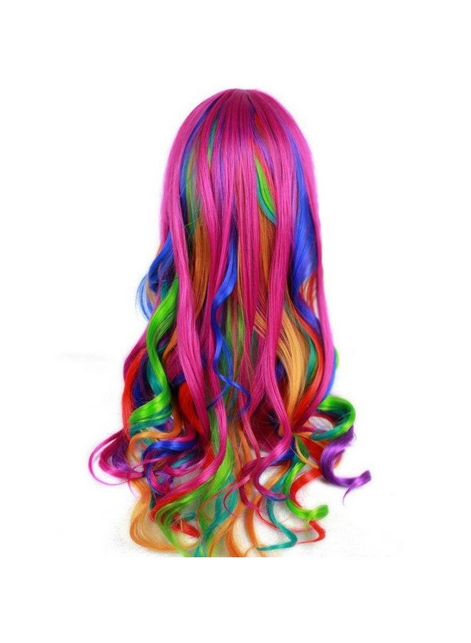 RightOn BERON Rainbow Wig Long Curly Wig with Bangs for Women Colorful Wigs Long Wavy Rainbow Multi Colorful Wig with Wig Cap - Image 3