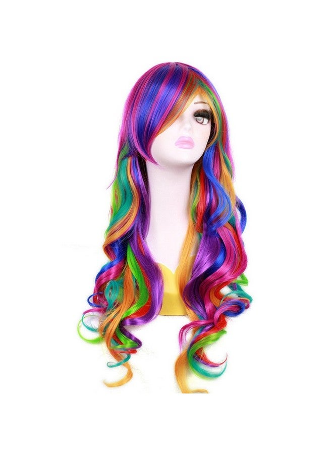RightOn BERON Rainbow Wig Long Curly Wig with Bangs for Women Colorful Wigs Long Wavy Rainbow Multi Colorful Wig with Wig Cap - Image 1