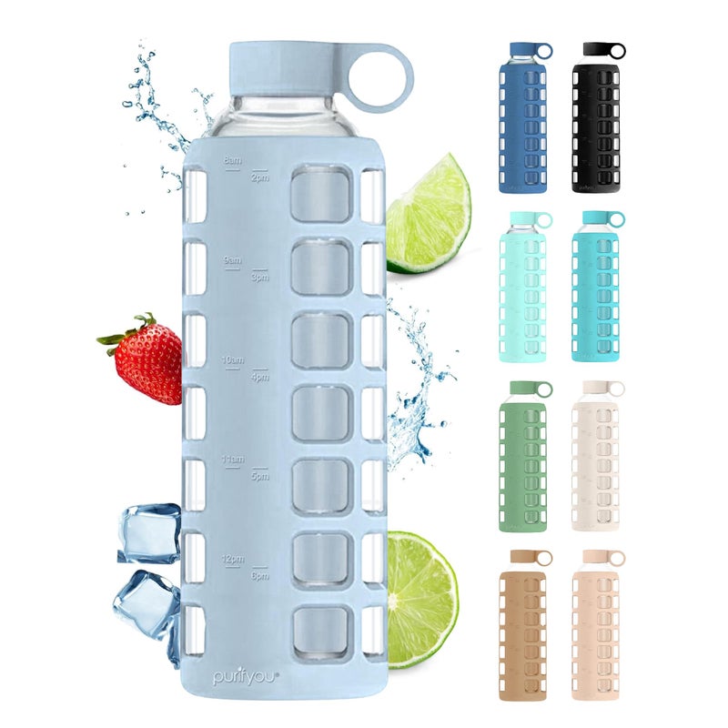 purifyou 40oz 32oz 22oz 12oz Borosilicate Glass Water Bottle with Time Volume Markers Silicone Sleeve Stainless Steel Lid Reusable Glass Bottle for Water Juice 32oz Ice Blue