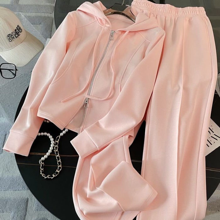 Autumn and Winter Slimming Mint Mambo Style suit Street Womens Hooded Sweatshirt High Waist Wide Leg Pants Casual Two-piece Set for Women Pink*889 - Image 1