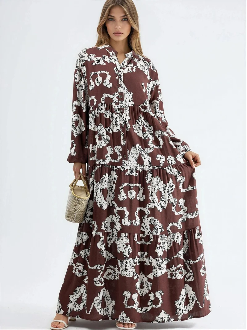 هيكاب V-Neck Patterned Maxi Dress with Buttons