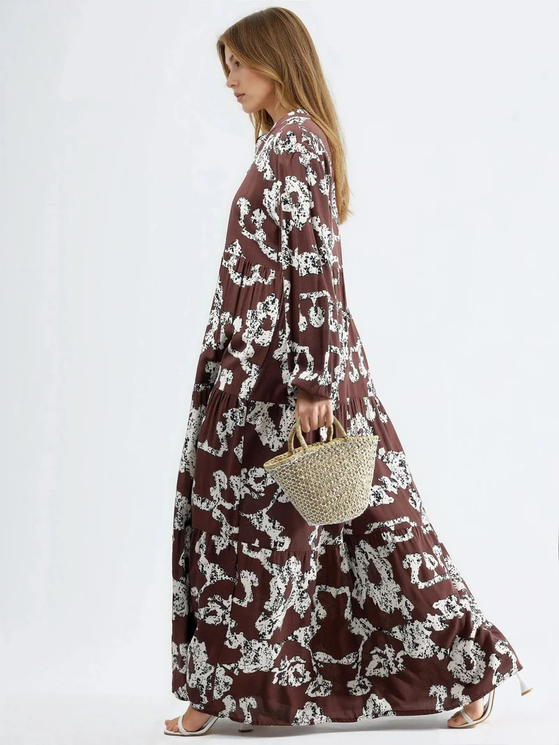 هيكاب V-Neck Patterned Maxi Dress with Buttons