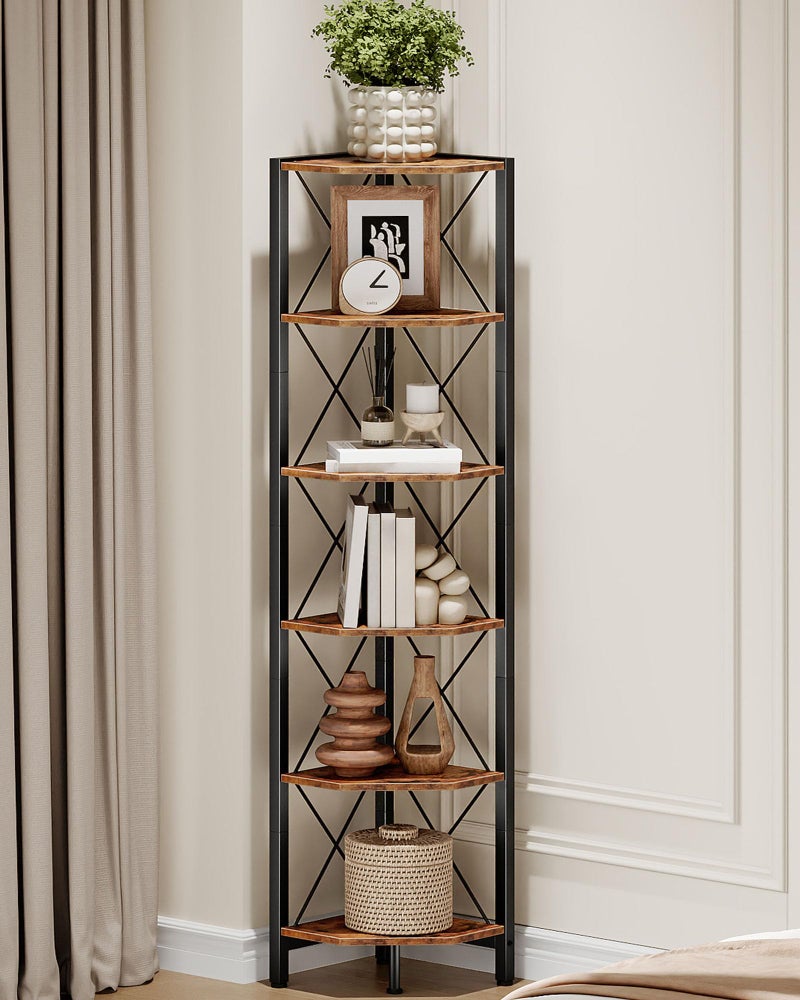 CHOEZON 6-Tier Corner Shelf, Corner Bookcase, 66.9" Tall Vertical Display Rack, Plant Stand, Open Storage Shelf, for Living Room, Bedroom, Study, Kitchen, Rustic Brown and Black TCJ13BF - Image 2