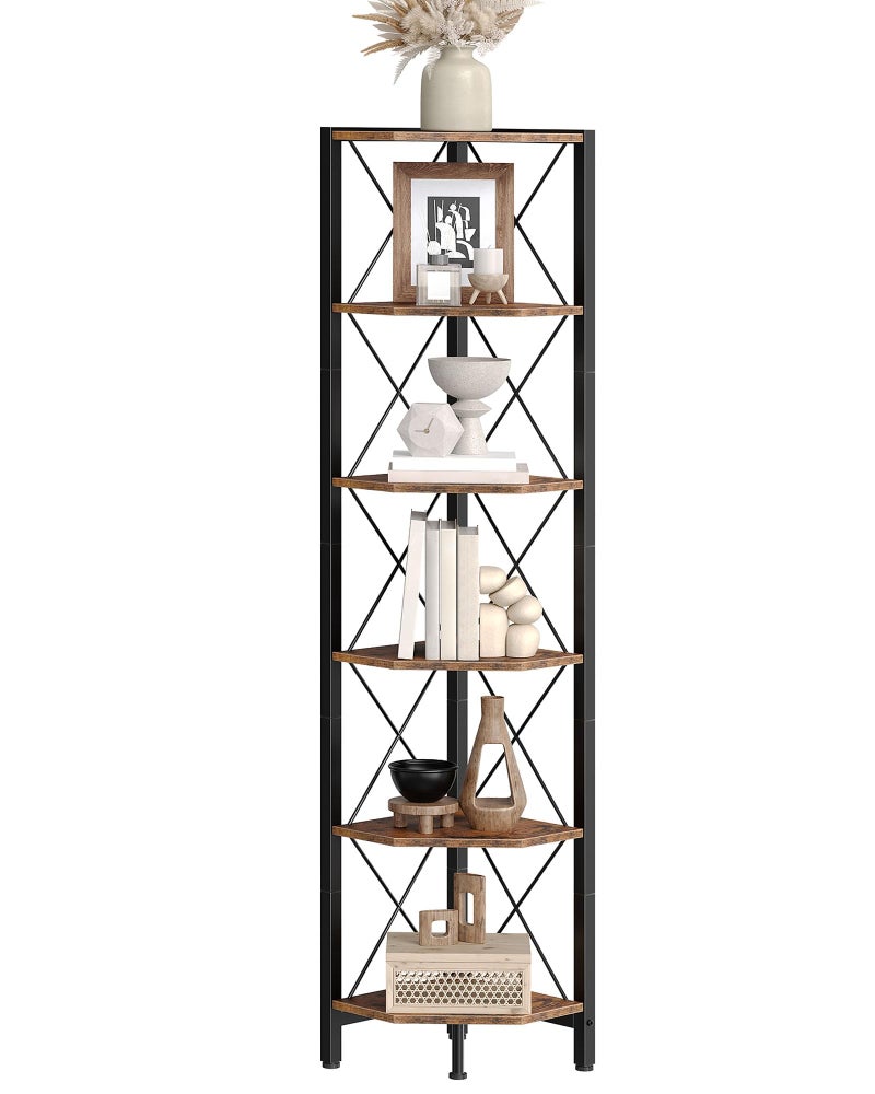 CHOEZON 6-Tier Corner Shelf, Corner Bookcase, 66.9" Tall Vertical Display Rack, Plant Stand, Open Storage Shelf, for Living Room, Bedroom, Study, Kitchen, Rustic Brown and Black TCJ13BF - Image 1