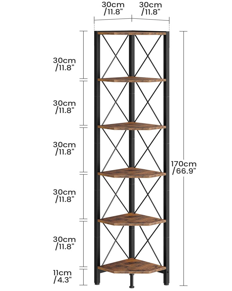 CHOEZON 6-Tier Corner Shelf, Corner Bookcase, 66.9" Tall Vertical Display Rack, Plant Stand, Open Storage Shelf, for Living Room, Bedroom, Study, Kitchen, Rustic Brown and Black TCJ13BF - Image 5