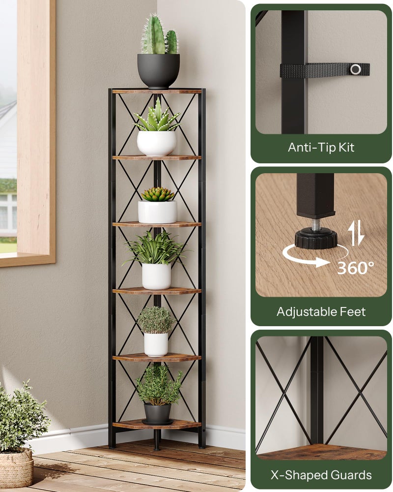 CHOEZON 6-Tier Corner Shelf, Corner Bookcase, 66.9" Tall Vertical Display Rack, Plant Stand, Open Storage Shelf, for Living Room, Bedroom, Study, Kitchen, Rustic Brown and Black TCJ13BF - Image 3