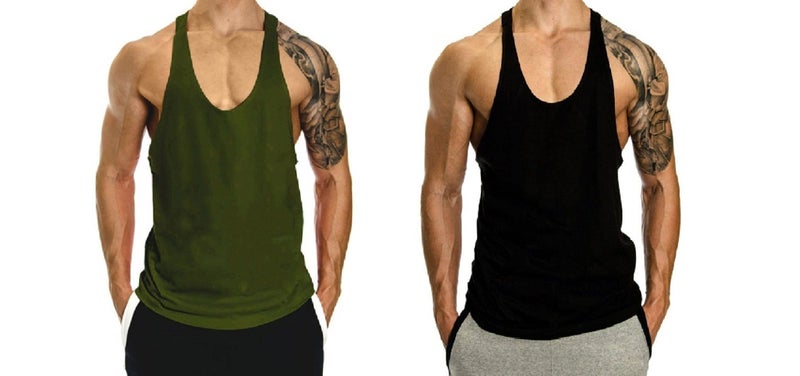 THE BLAZZE Men's Blank Stringer Y Back Bodybuilding Gym Tank Tops Pack of 2 (Medium, Army Green+Black) - Image 1
