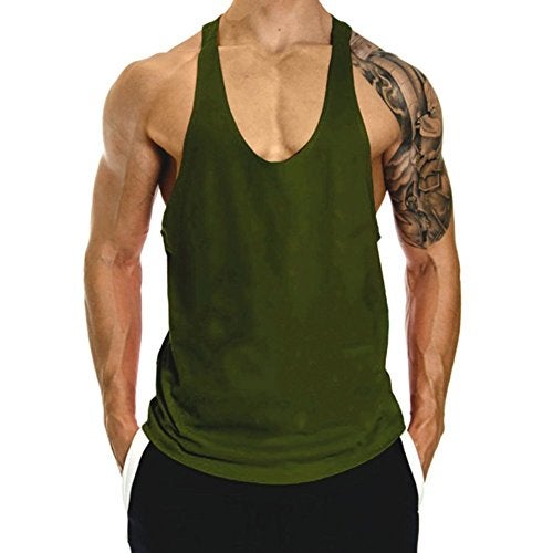 THE BLAZZE Men's Blank Stringer Y Back Bodybuilding Gym Tank Tops Pack of 2 (Medium, Army Green+Black) - Image 2