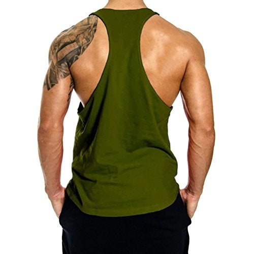 THE BLAZZE Men's Blank Stringer Y Back Bodybuilding Gym Tank Tops Pack of 2 (Medium, Army Green+Black) - Image 5