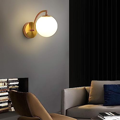 WOKE Wall Lights for Living Room Modern Brass Antique Finished Frosted White Glass Modern Round Globe Shape Sconces E27 Holder LED Decorative Wall Lamp (Bulb not Included) 6512381 - Image 1