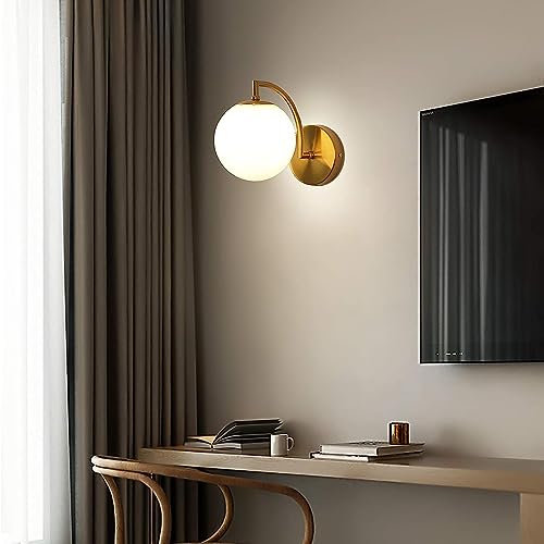 WOKE Wall Lights for Living Room Modern Brass Antique Finished Frosted White Glass Modern Round Globe Shape Sconces E27 Holder LED Decorative Wall Lamp (Bulb not Included) 6512381 - Image 2