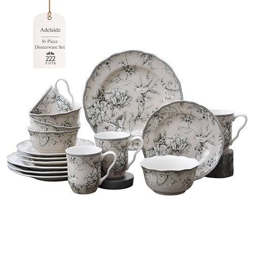 222 Fifth Adelaide 16-Piece Traditional Antique White Porcelain Dinnerware Set – Service for 4, Romantic Bird & Floral Design, Everyday Big Dinner Plates and Bowls Sets, Microwave & Dishwasher Safe - Image 1