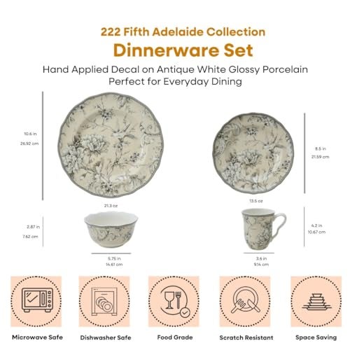 222 Fifth Adelaide 16-Piece Traditional Antique White Porcelain Dinnerware Set – Service for 4, Romantic Bird & Floral Design, Everyday Big Dinner Plates and Bowls Sets, Microwave & Dishwasher Safe - Image 2