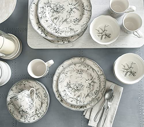 222 Fifth Adelaide 16-Piece Traditional Antique White Porcelain Dinnerware Set – Service for 4, Romantic Bird & Floral Design, Everyday Big Dinner Plates and Bowls Sets, Microwave & Dishwasher Safe - Image 3
